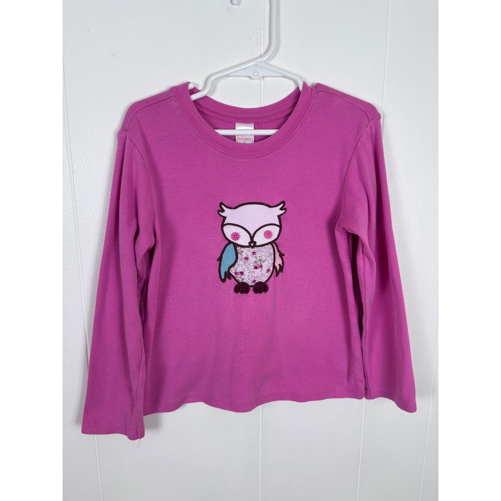 Old Navy Owl Appliqué Top Long Sleeve Crew Neck Cute Girls Pink Shirt‎ 5T